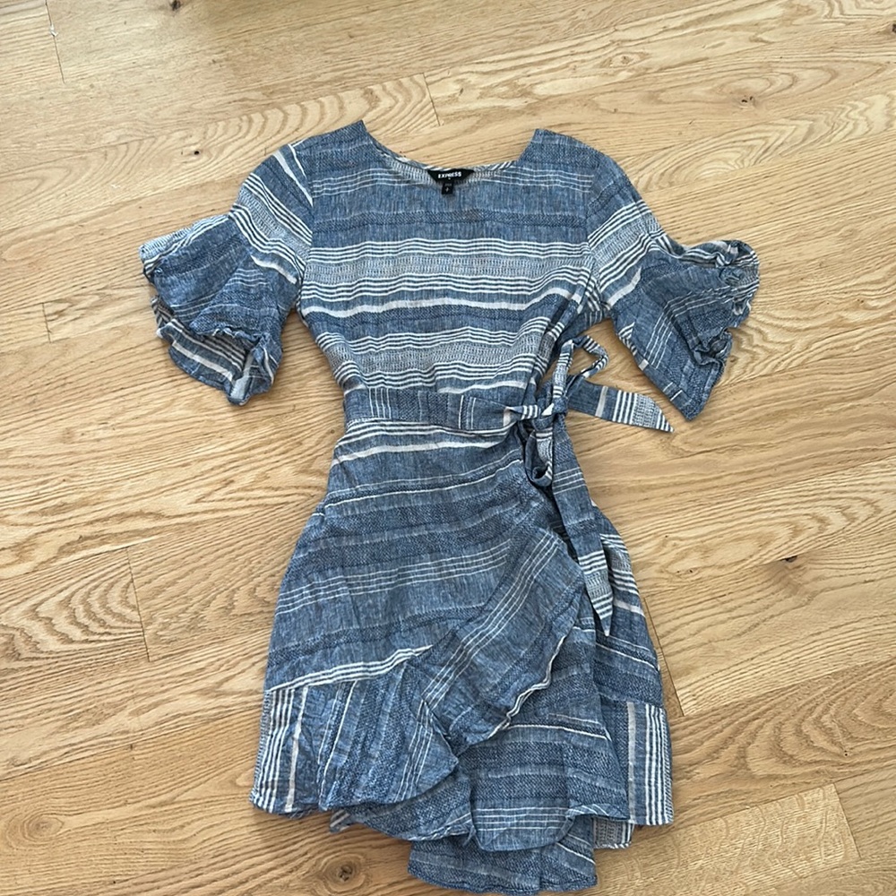 Express wrap waist dress, colors: denim looking blue with white stripes